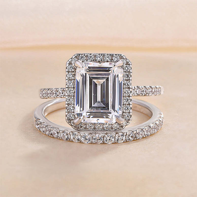 3Ct Halo Emerald Cut Wedding Ring Set for Women-Sterling Silver-lornajewelry