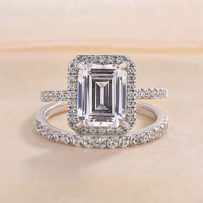 3Ct Halo Emerald Cut Wedding Ring Set for Women-Sterling Silver-lornajewelry