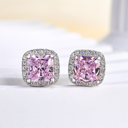 4.0 Carat Halo Princess Cut Pink Sapphire Sterling Silver Women's Stud Earrings-Sterling Silver-lornajewelry
