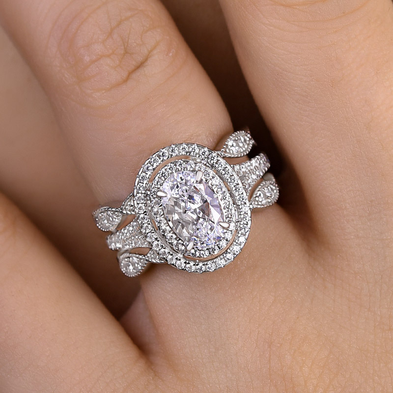 Gorgeous Double Halo Oval Cut Insert Wedding Ring Set In Sterling Silver-Sterling Silver-lornajewelry