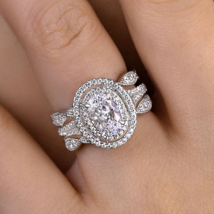 Gorgeous Double Halo Oval Cut Insert Wedding Ring Set In Sterling Silver-Sterling Silver-lornajewelry