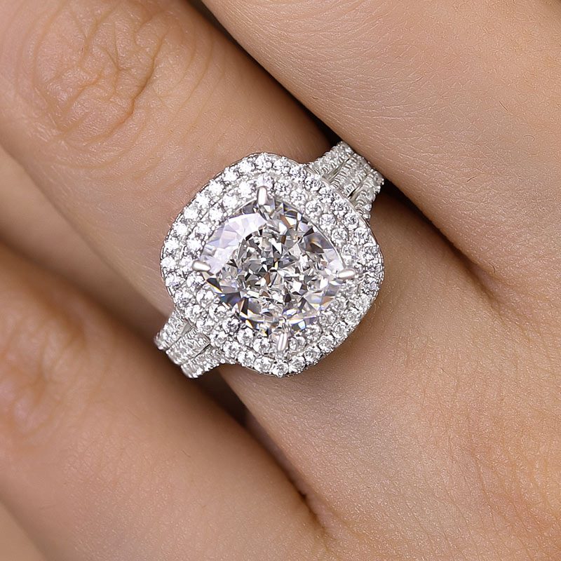 3Ct Noble Double Halo Three Shank Cushion Cut Engagement Ring-Sterling Silver-lornajewelry