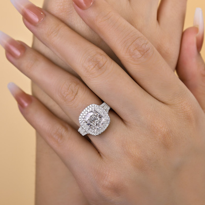 3Ct Noble Double Halo Three Shank Cushion Cut Engagement Ring-Sterling Silver-lornajewelry