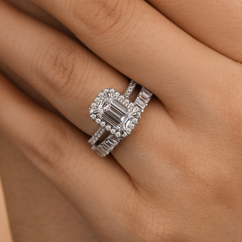 Stunning Halo Emerald Cut Wedding Ring Set-Sterling Silver-lornajewelry