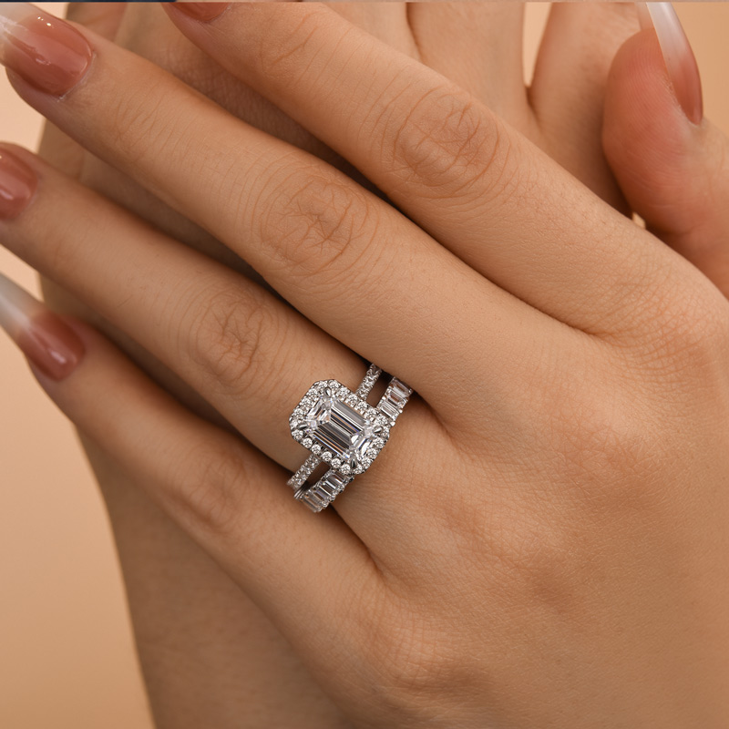 Stunning Halo Emerald Cut Wedding Ring Set-Sterling Silver-lornajewelry
