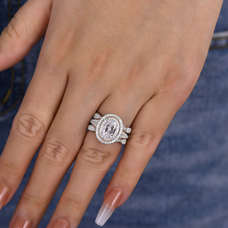 Gorgeous Double Halo Oval Cut Insert Wedding Ring Set In Sterling Silver-Sterling Silver-lornajewelry