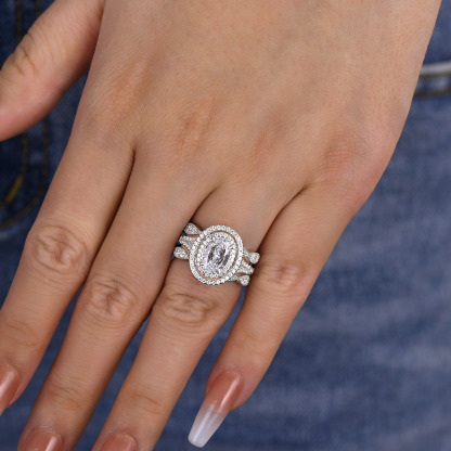 Gorgeous Double Halo Oval Cut Insert Wedding Ring Set In Sterling Silver-Sterling Silver-lornajewelry