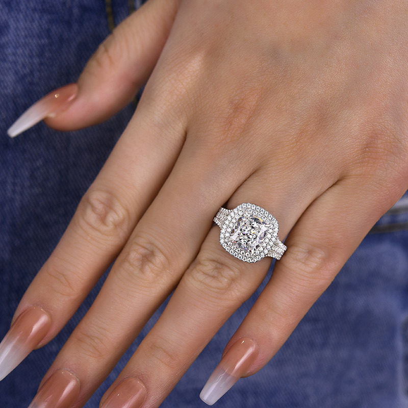 3Ct Noble Double Halo Three Shank Cushion Cut Engagement Ring-Sterling Silver-lornajewelry