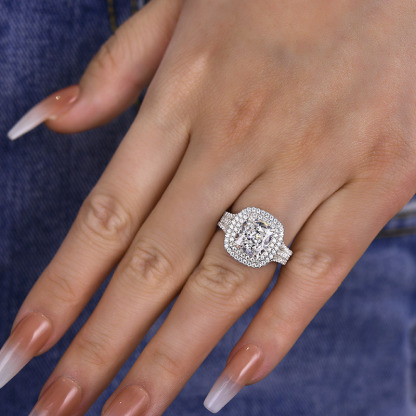3Ct Noble Double Halo Three Shank Cushion Cut Engagement Ring-Sterling Silver-lornajewelry
