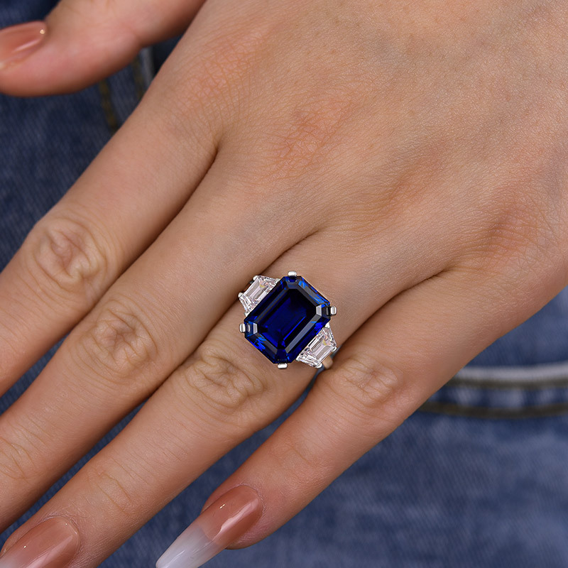 7.5Ct Gorgeous Blue Sapphire Emerald Cut Three Stone Engagement Ring-Sterling Silver-lornajewelry