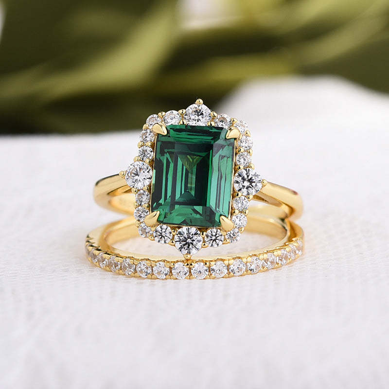 Exclusive Yellow Gold Halo Emerald Cut Wedding Sets In Sterling Silver-Sterling Silver-lornajewelry
