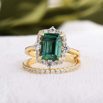 Exclusive Yellow Gold Halo Emerald Cut Wedding Sets In Sterling Silver-Sterling Silver-lornajewelry