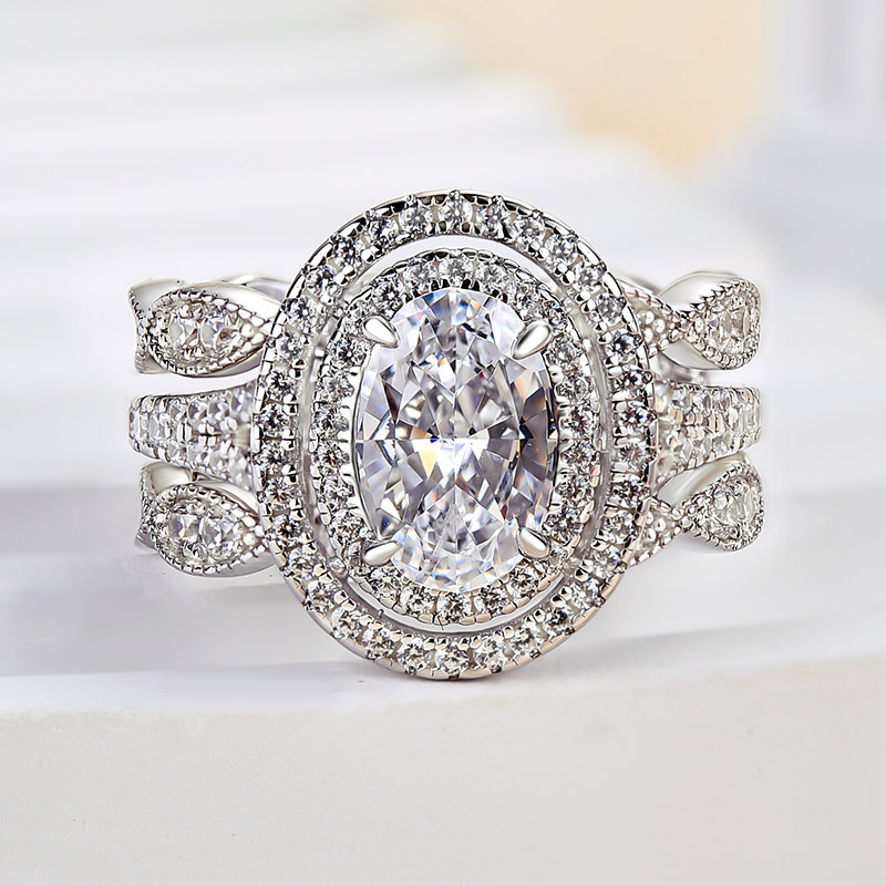 Gorgeous Double Halo Oval Cut Insert Wedding Ring Set In Sterling Silver-Sterling Silver-lornajewelry