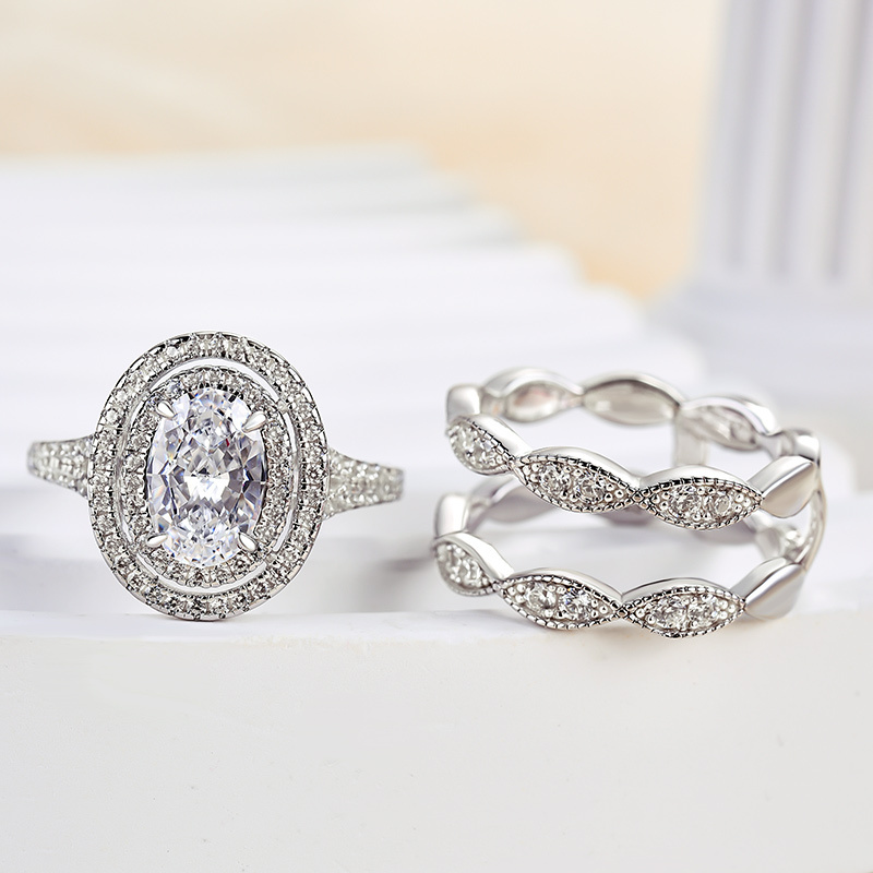 Gorgeous Double Halo Oval Cut Insert Wedding Ring Set In Sterling Silver-Sterling Silver-lornajewelry