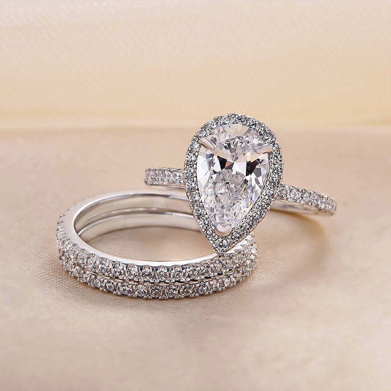 Exquisite Halo Pear Cut 3PC Wedding Ring Set In Sterling Silver-Sterling Silver-lornajewelry