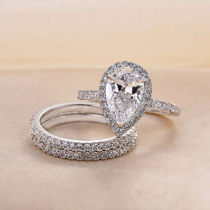Exquisite Halo Pear Cut 3PC Wedding Ring Set In Sterling Silver-Sterling Silver-lornajewelry