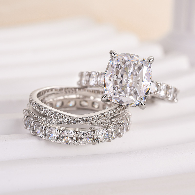 Noble Crushed Ice Cushion Cut 3PC Ring Set For Women-Sterling Silver-lornajewelry