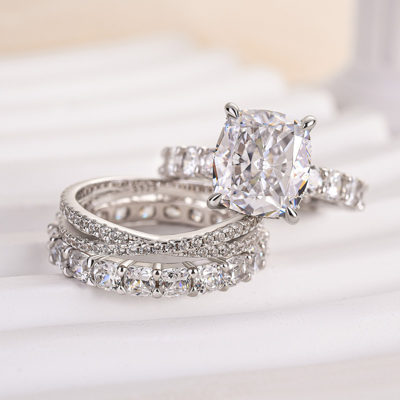 Noble Crushed Ice Cushion Cut 3PC Ring Set For Women-Sterling Silver-lornajewelry