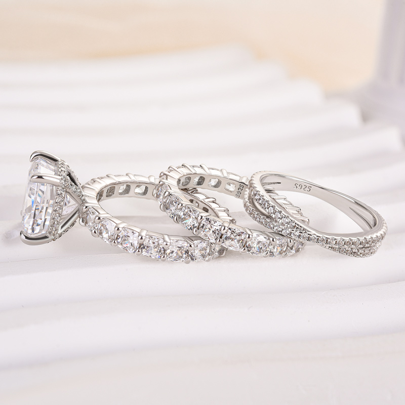 Noble Crushed Ice Cushion Cut 3PC Ring Set For Women-Sterling Silver-lornajewelry