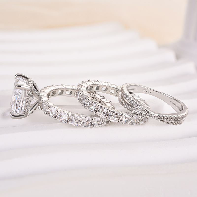 Noble Crushed Ice Cushion Cut 3PC Ring Set For Women-Sterling Silver-lornajewelry