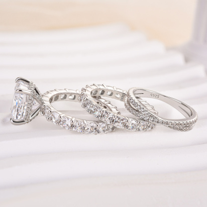 Noble Crushed Ice Cushion Cut 3PC Ring Set For Women-Sterling Silver-lornajewelry