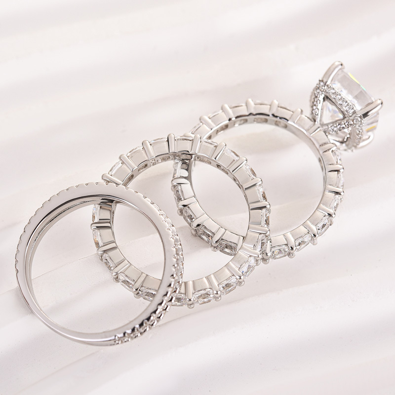 Noble Crushed Ice Cushion Cut 3PC Ring Set For Women-Sterling Silver-lornajewelry