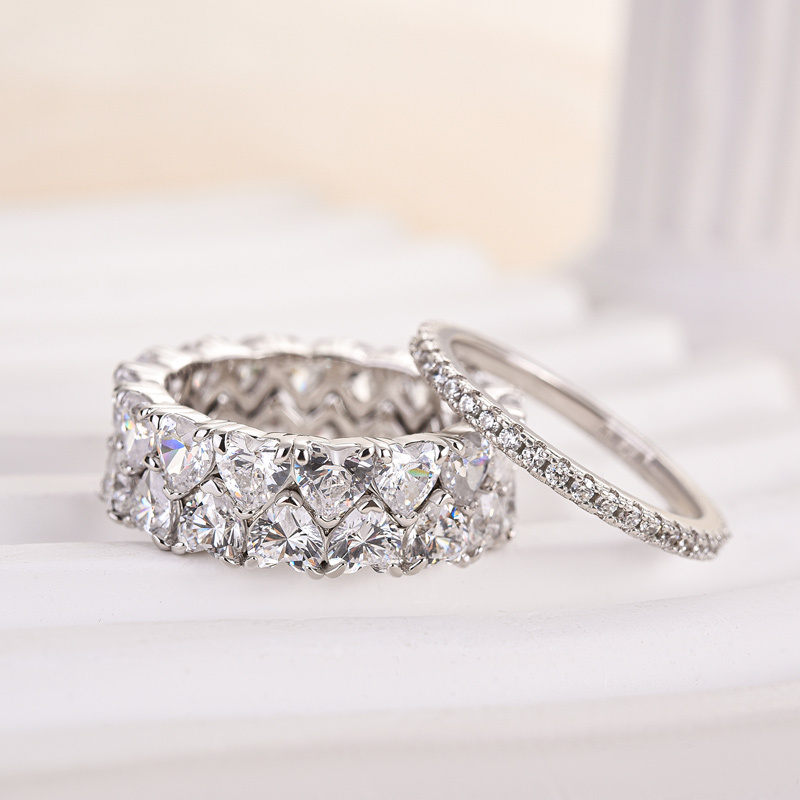 Lovely Heart Cut Women's Wedding Band Set In Sterling Silver-Sterling Silver-lornajewelry