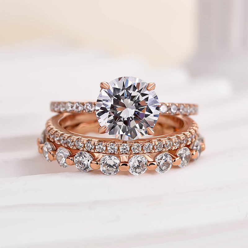 Rose Gold Classic Round Cut Wedding Set  In Sterling Silver-Sterling Silver-lornajewelry