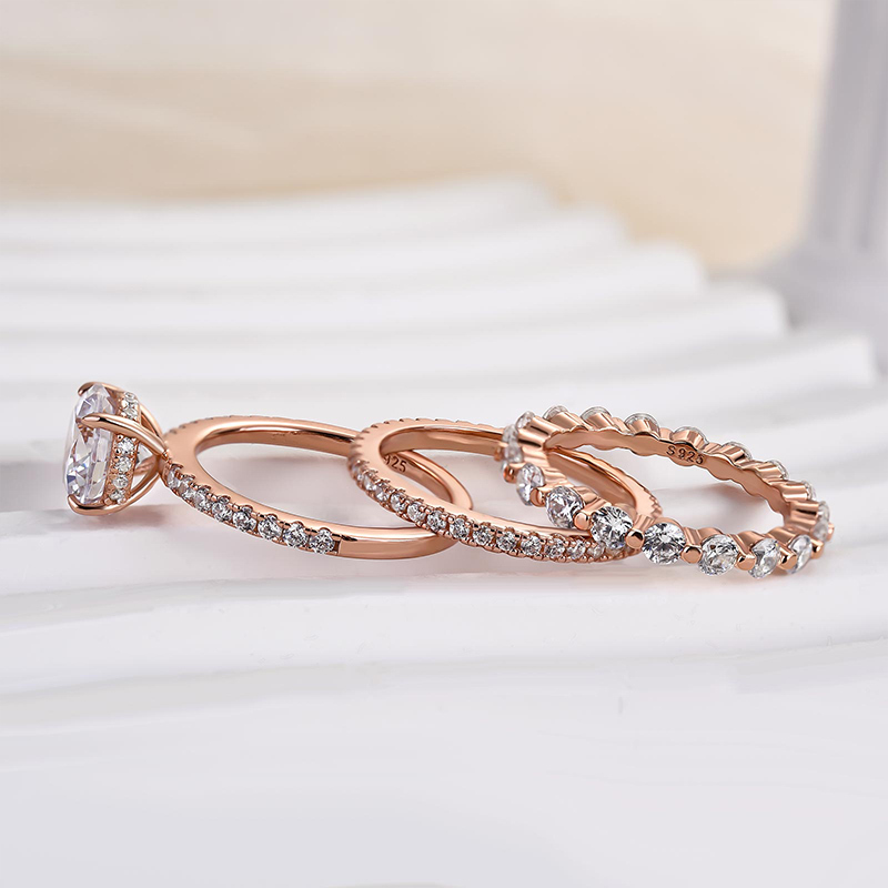 Rose Gold Classic Round Cut Wedding Set  In Sterling Silver-Sterling Silver-lornajewelry