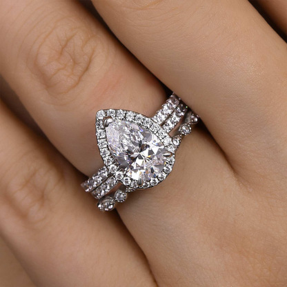 Halo Pear Cut 3PC Wedding Ring Set Created White Sapphire In White Gold-Sterling Silver-lornajewelry