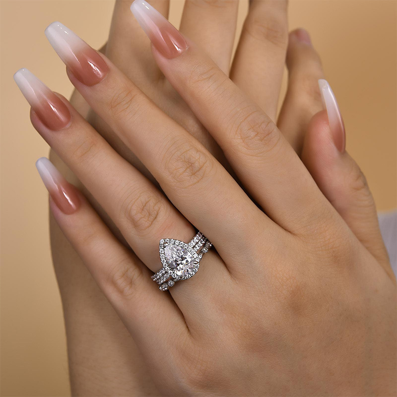 Halo Pear Cut 3PC Wedding Ring Set Created White Sapphire In White Gold-Sterling Silver-lornajewelry