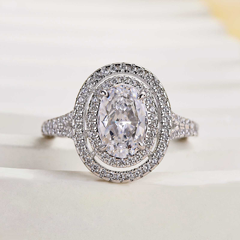 2Ct Luxury Split Shank Double Halo Oval Cut Engagement Ring In Sterling Silver-Sterling Silver-lornajewelry