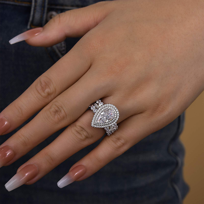 Eternity Double Halo Pear Cut 3-Pieces Wedding Set In Sterling Silver-Sterling Silver-lornajewelry