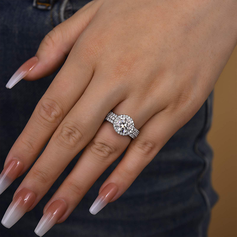 Classic Round Cut Halo 3-Pieces Wedding Set In Sterling Silver-Sterling Silver-lornajewelry