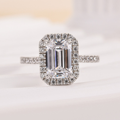 2Ct Attractive Halo Emerald Cut Engagement Ring-Sterling Silver-lornajewelry