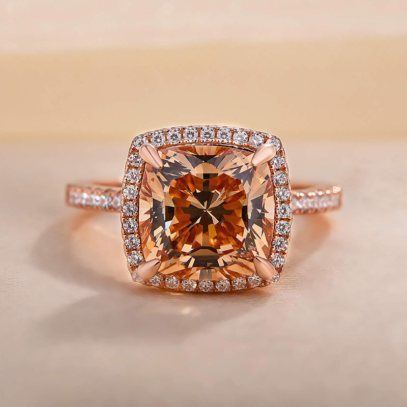 4Ct Elegant Rose Gold Halo Cushion Cut Champagne Engagement Ring In Sterling Silver-Sterling Silver-lornajewelry