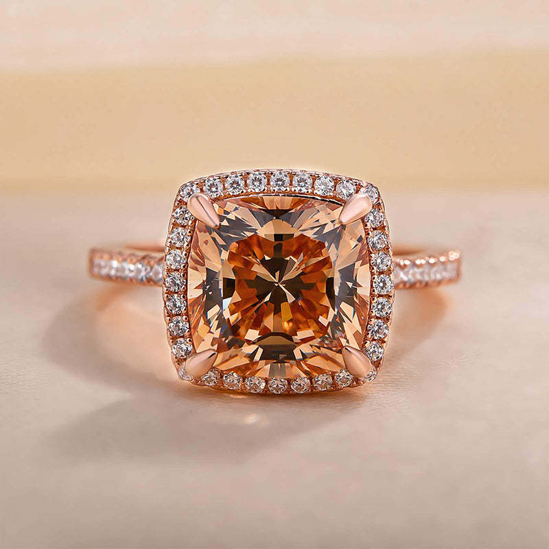 4Ct Elegant Rose Gold Halo Cushion Cut Champagne Engagement Ring In Sterling Silver-Sterling Silver-lornajewelry