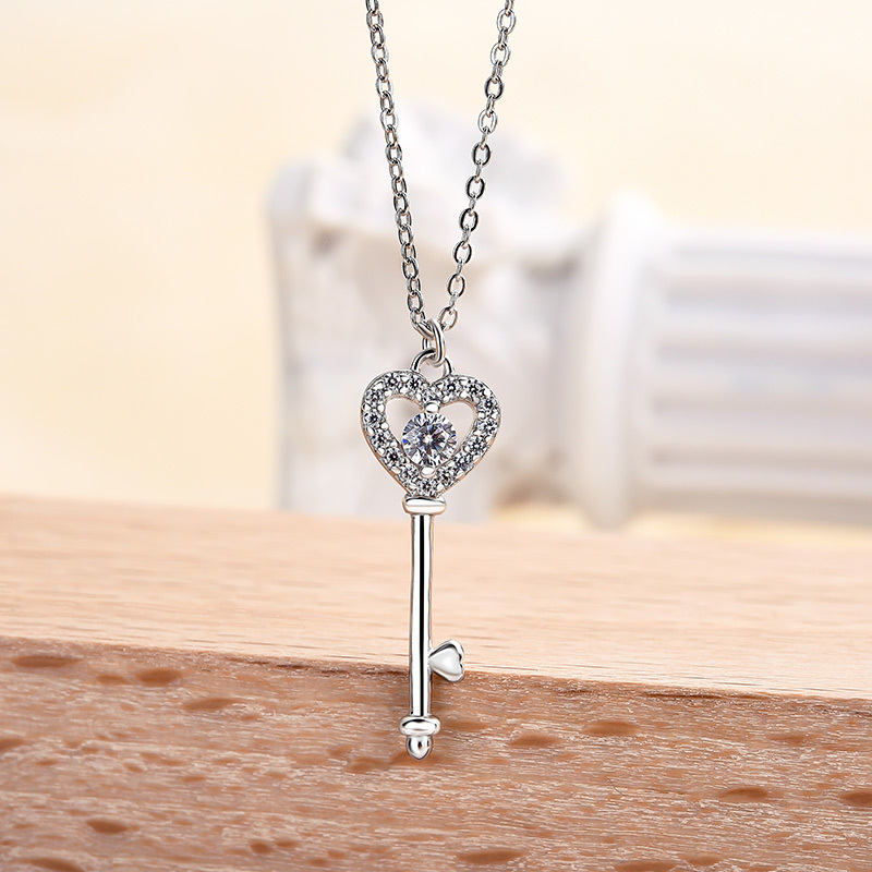 Heart Key White Sapphire Pendant Charm Necklace In Sterling Silver-Sterling Silver-lornajewelry