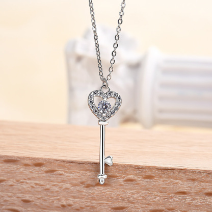 Heart Key White Sapphire Pendant Charm Necklace In Sterling Silver-Sterling Silver-lornajewelry