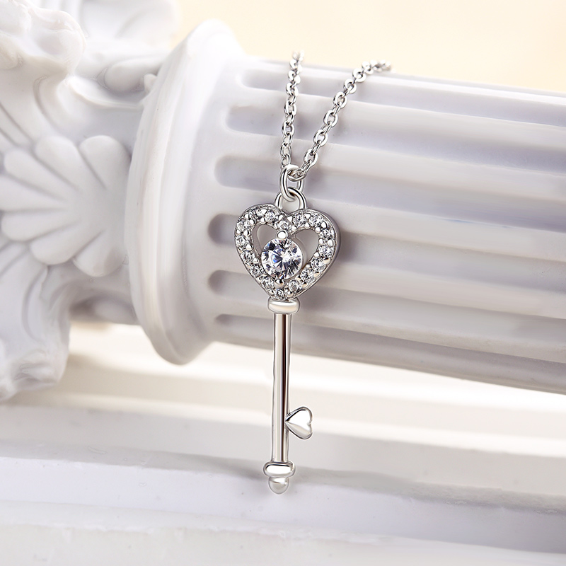 Heart Key White Sapphire Pendant Charm Necklace In Sterling Silver-Sterling Silver-lornajewelry
