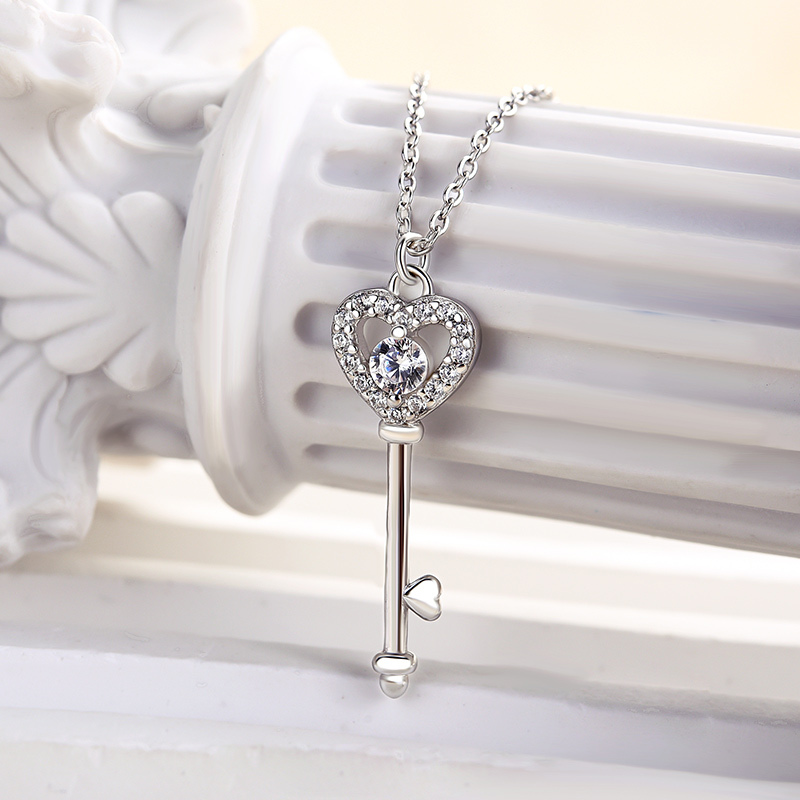 Heart Key White Sapphire Pendant Charm Necklace In Sterling Silver-Sterling Silver-lornajewelry