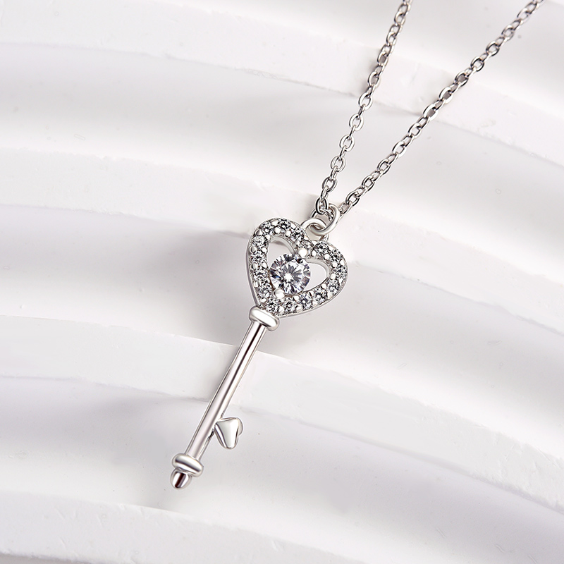 Heart Key White Sapphire Pendant Charm Necklace In Sterling Silver-Sterling Silver-lornajewelry