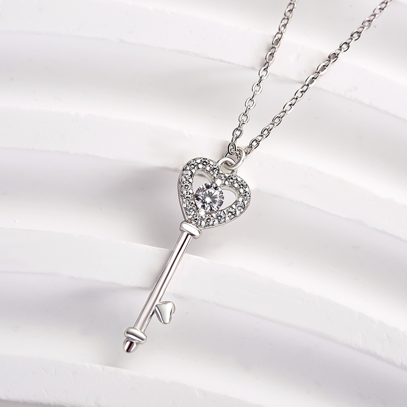 Heart Key White Sapphire Pendant Charm Necklace In Sterling Silver-Sterling Silver-lornajewelry