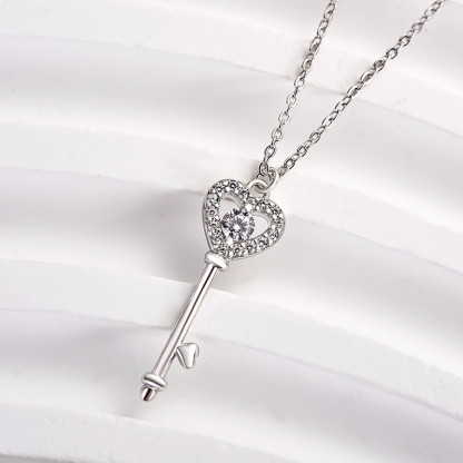 Heart Key White Sapphire Pendant Charm Necklace In Sterling Silver-Sterling Silver-lornajewelry