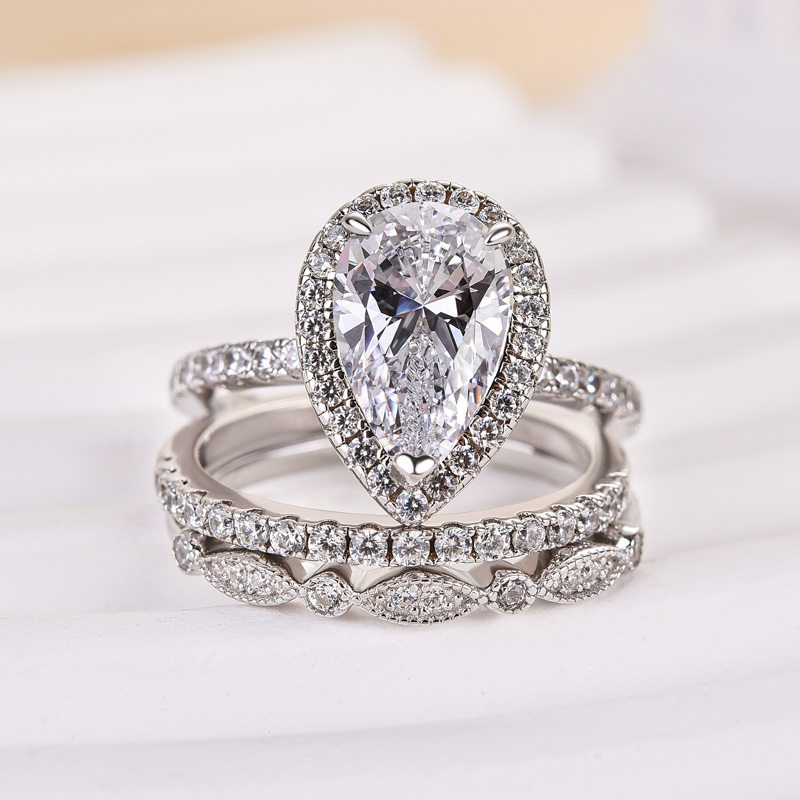 Halo Pear Cut 3PC Wedding Ring Set Created White Sapphire In White Gold-Sterling Silver-lornajewelry