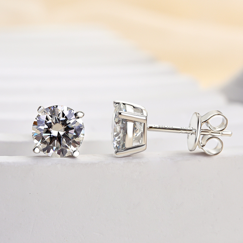 Moissanite Solitaire Round Four Prong Sterling Silver Stud Earrings-Sterling Silver-lornajewelry