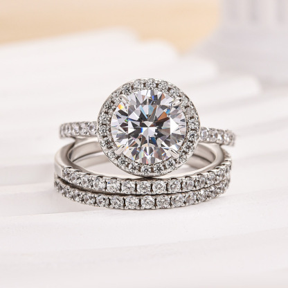 Classic Round Cut Halo 3-Pieces Wedding Set In Sterling Silver-Sterling Silver-lornajewelry