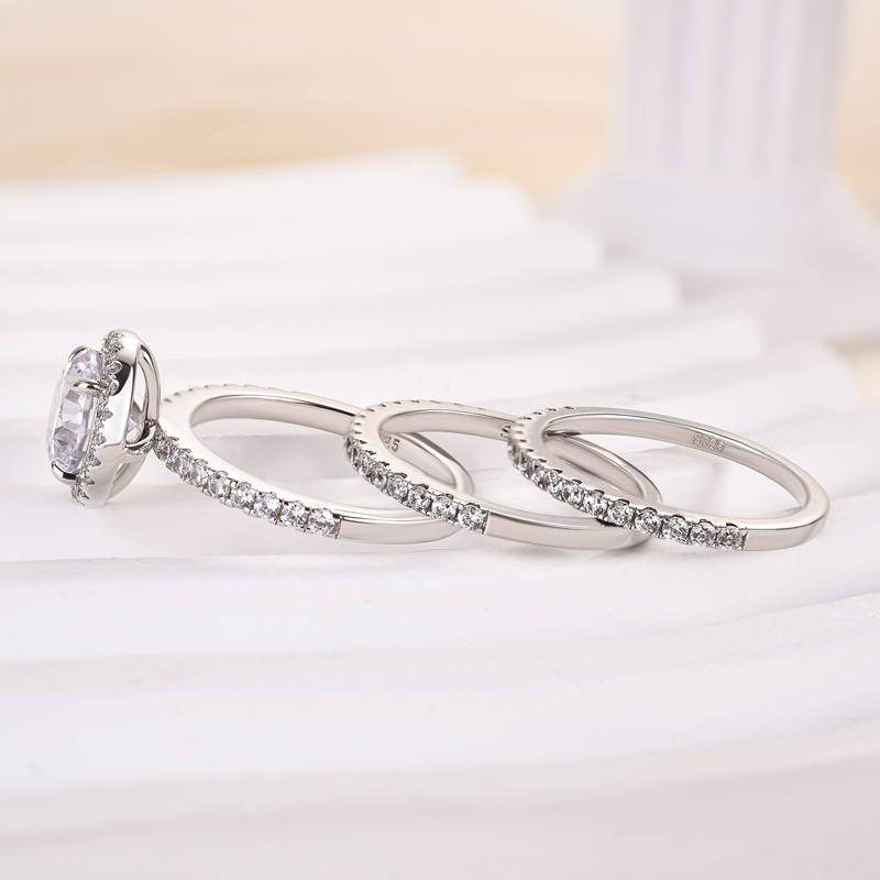 Classic Round Cut Halo 3-Pieces Wedding Set In Sterling Silver-Sterling Silver-lornajewelry