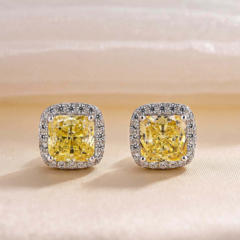 4.0 Carat Yellow Sapphire Halo Princess Cut Sterling Silver Women's Stud Earrings-Sterling Silver-lornajewelry