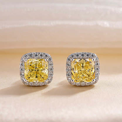 4.0 Carat Yellow Sapphire Halo Princess Cut Sterling Silver Women's Stud Earrings-Sterling Silver-lornajewelry